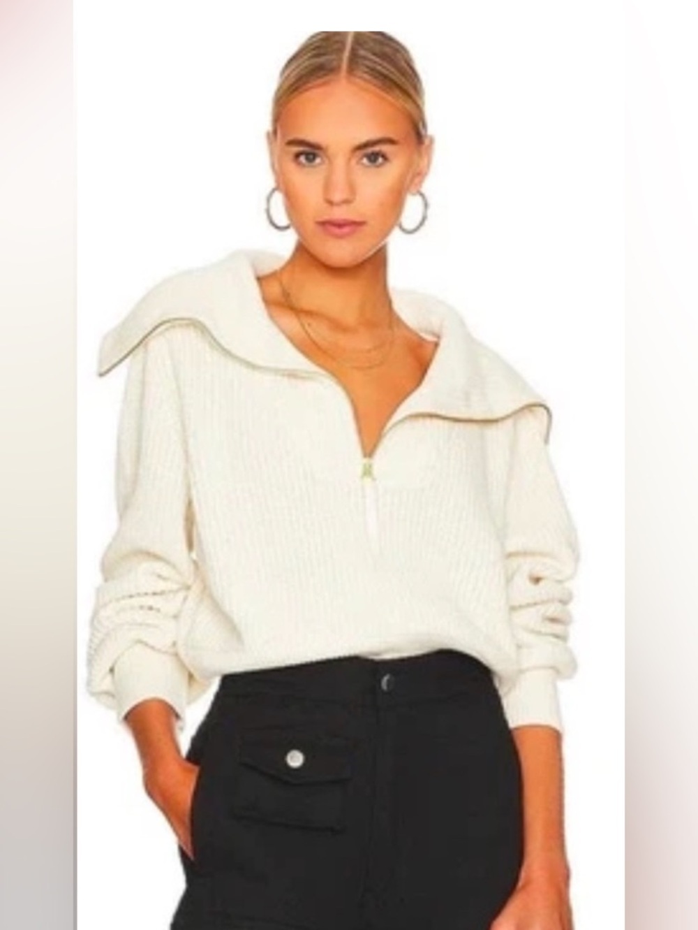 Varley Mentone Knit Pullover Sweater Egret Ivory 1/4 zip 1/2 Size Large